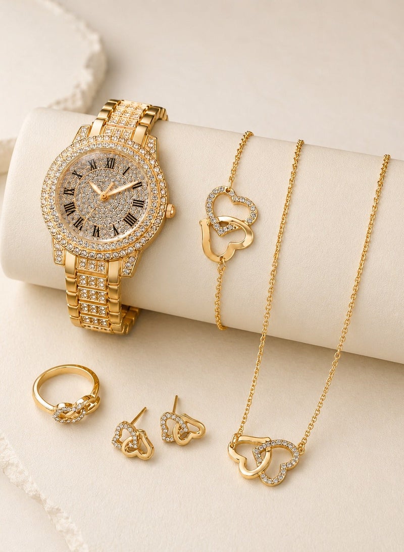 Luxury women's accessory set consisting of 5 pieces, including a women's watch, bracelet, necklace, earrings, and ring in gold color, adorned with sparkling rhinestones. The set is rust-resistant, making it ideal for gifting to a loved one, as a graduation gift, birthday gift, or for all special occasions. Box not included. - Image 3