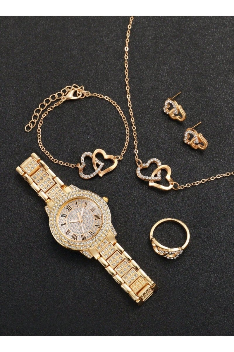 Luxury women's accessory set consisting of 5 pieces, including a women's watch, bracelet, necklace, earrings, and ring in gold color, adorned with sparkling rhinestones. The set is rust-resistant, making it ideal for gifting to a loved one, as a graduation gift, birthday gift, or for all special occasions. Box not included. - Image 5