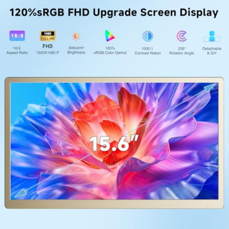 موسع شاشة الكمبيوتر المحمول 15.6 بوصة، FHD 1080P شاشة ثلاثية محمولة لأجهزة الكمبيوتر المحمول 13-17.3 بوصة، 120% sRGB 235 درجة دوران قابل للفصل موسع شاشة الكمبيوتر المحمول لنظام التشغيل Windows/Mac/Dex/Chrome/Surface، التوصيل والتشغيل - Image 3