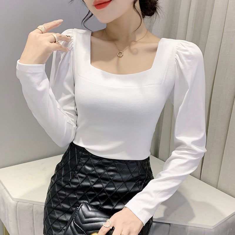 2023 New Autumn Fashion Slim Square Collar Cotton Bubble Sleeve Top Design Sense Niche Long Sleeve T-shirt - Image 4
