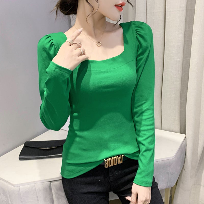 2023 New Autumn Fashion Slim Square Collar Cotton Bubble Sleeve Top Design Sense Niche Long Sleeve T-shirt - Image 1
