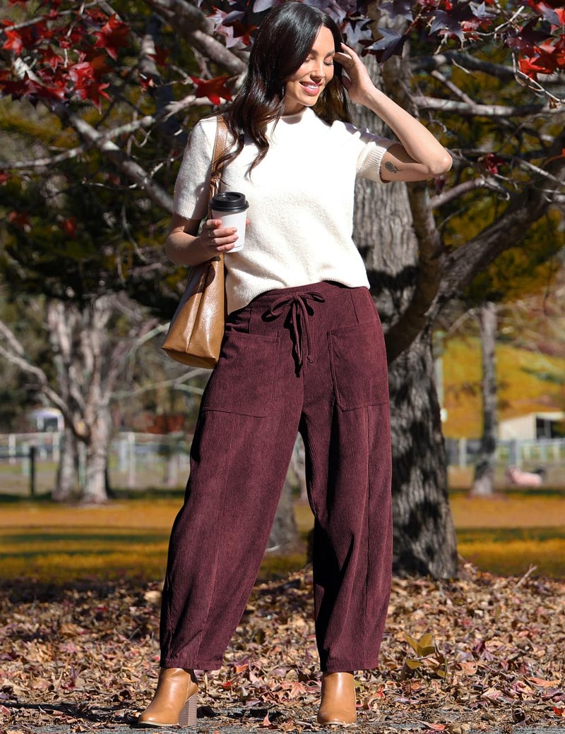 TARSE Women Corduroy Wide Leg Pants 2025 Fall Casual Loose Comfy Soft Drawstring Mide-Rise Palazzo Harem Pants with Pockets JujubeRed, XXL - Image 3