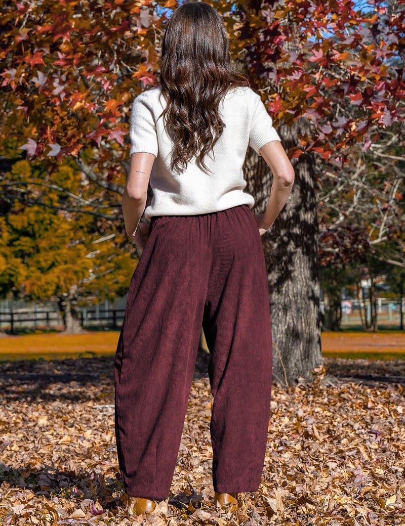 TARSE Women Corduroy Wide Leg Pants 2025 Fall Casual Loose Comfy Soft Drawstring Mide-Rise Palazzo Harem Pants with Pockets JujubeRed, XXL - Image 5
