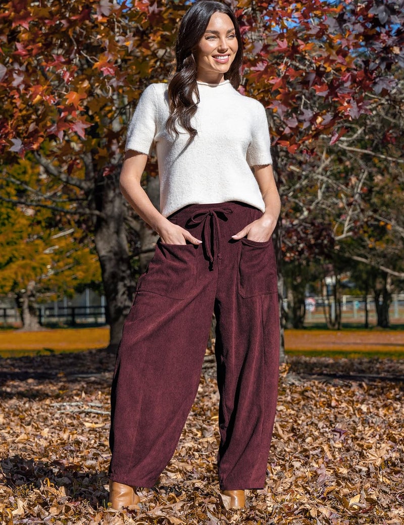 TARSE Women Corduroy Wide Leg Pants 2025 Fall Casual Loose Comfy Soft Drawstring Mide-Rise Palazzo Harem Pants with Pockets JujubeRed, XXL - Image 2