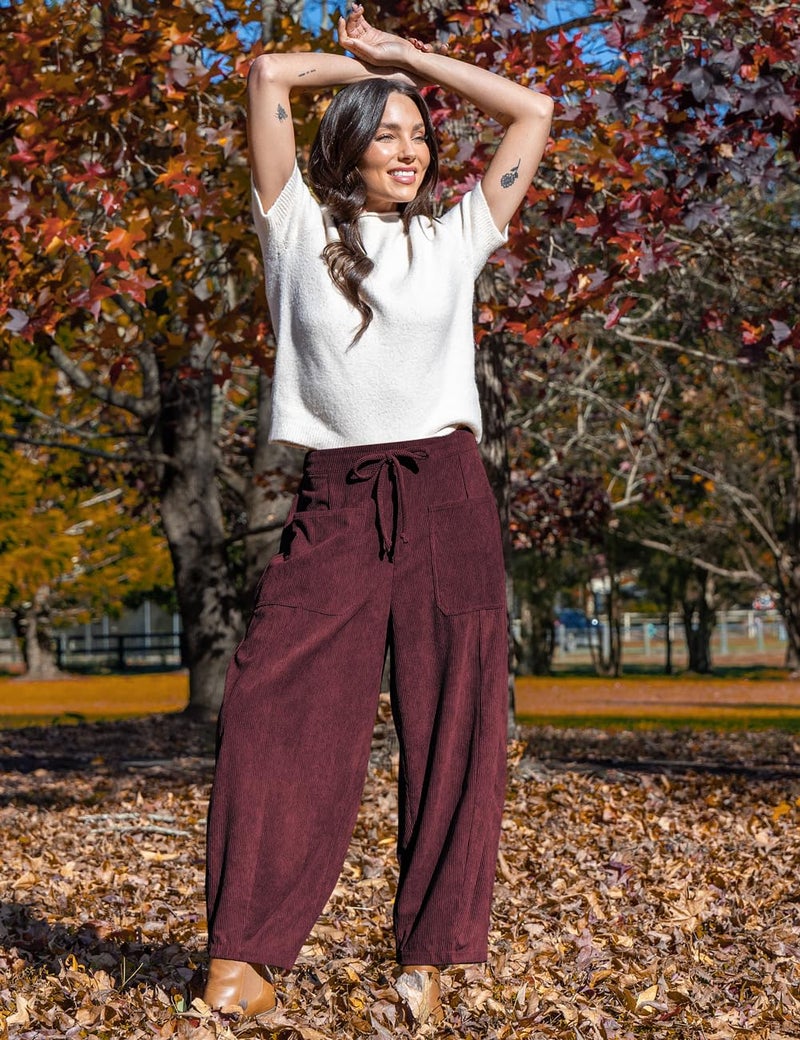 TARSE Women Corduroy Wide Leg Pants 2025 Fall Casual Loose Comfy Soft Drawstring Mide-Rise Palazzo Harem Pants with Pockets JujubeRed, XXL - Image 4