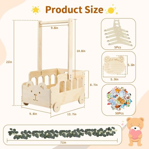 Esmorah Small Wooden Baby Shower Crate Closet with Wheels Handle Baby Shower Basket with Hanger Rack Personalized Gifts with Announcement Sign Vine Stickers Easy Assembly Wooden Crate Box - Image 3