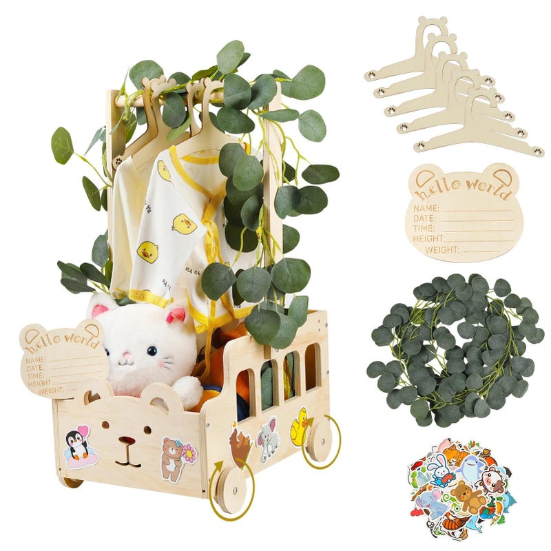 Esmorah Small Wooden Baby Shower Crate Closet with Wheels Handle Baby Shower Basket with Hanger Rack Personalized Gifts with Announcement Sign Vine Stickers Easy Assembly Wooden Crate Box - Image 2
