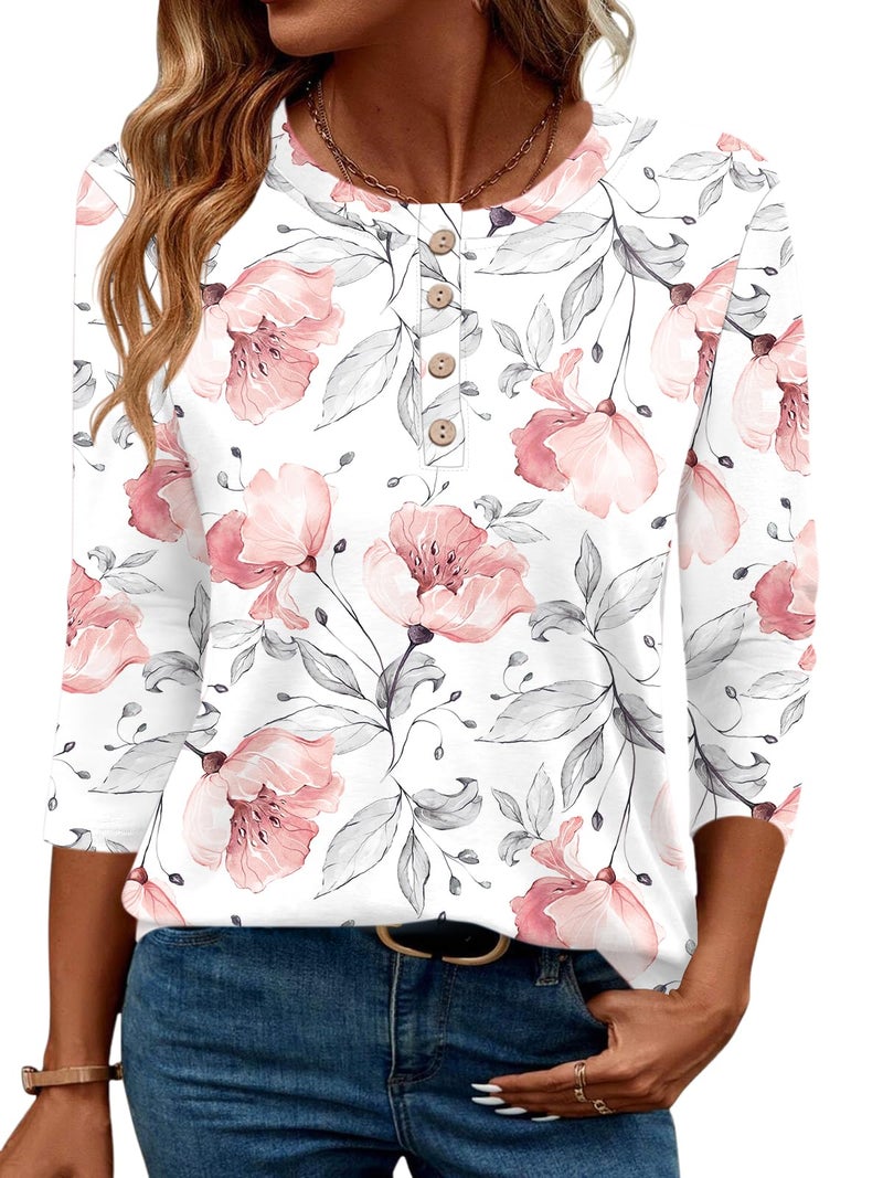 LOMON Casual 3/4 Length Sleeve Tops for Women Dressy Round Neck Shirts Business Basic Trendy Blouses(White Red Floral,L) - Image 1