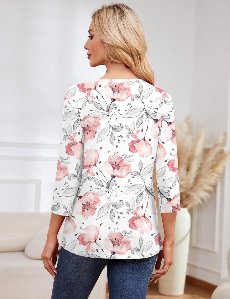 LOMON Casual 3/4 Length Sleeve Tops for Women Dressy Round Neck Shirts Business Basic Trendy Blouses(White Red Floral,L) - Image 5