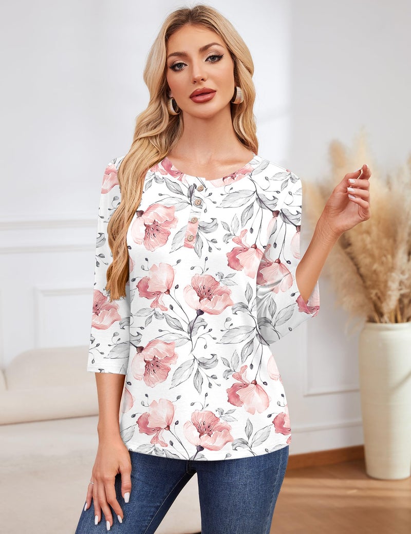 LOMON Casual 3/4 Length Sleeve Tops for Women Dressy Round Neck Shirts Business Basic Trendy Blouses(White Red Floral,L) - Image 3
