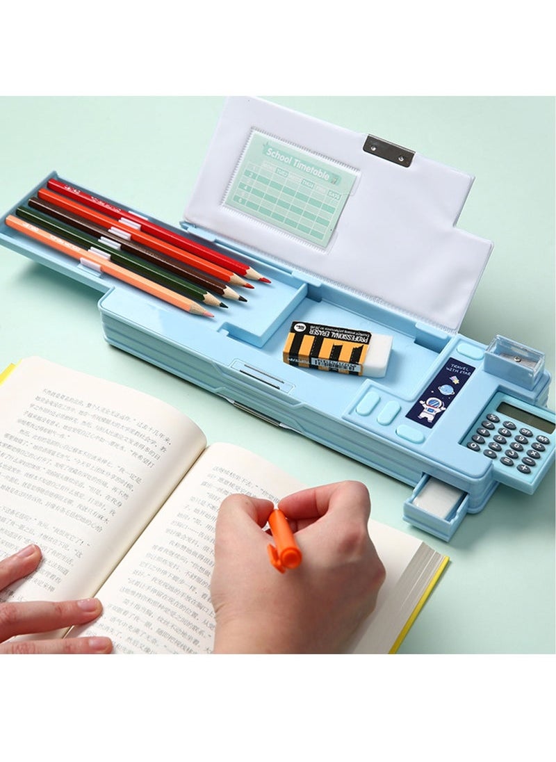 Generic - Creative Multi-functional Plastic Stationery Box for Primary School Students Double-sided Magnetic Pencil Calculator Sharpener (Blue, Astronaut) - Image 1