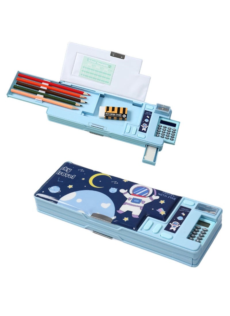 Generic - Creative Multi-functional Plastic Stationery Box for Primary School Students Double-sided Magnetic Pencil Calculator Sharpener (Blue, Astronaut) - Image 1