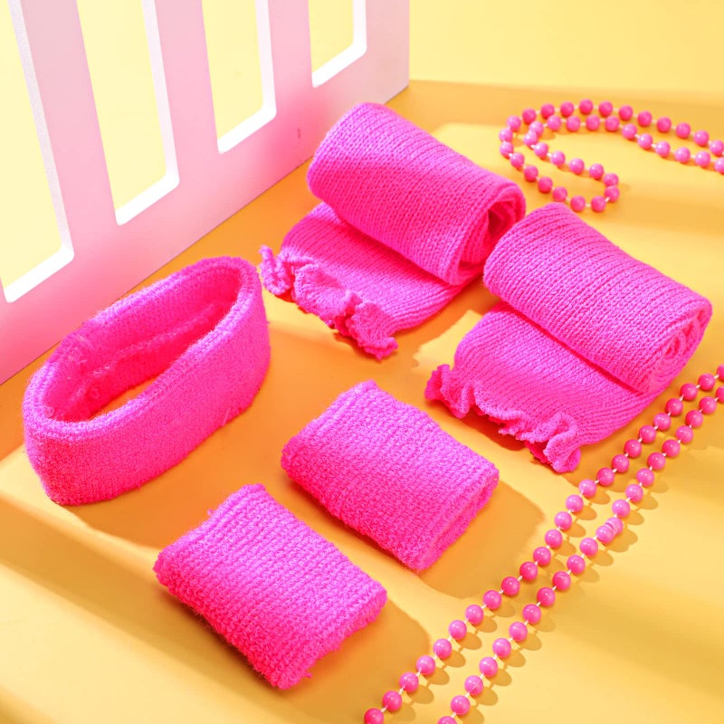 Sintege 80s Leg Warmer for Kid Girl Neon Leg Warmer Headband Wristband 1980s Fancy Accessory for Cosplay Party(Pink, Rose Red) - Image 5