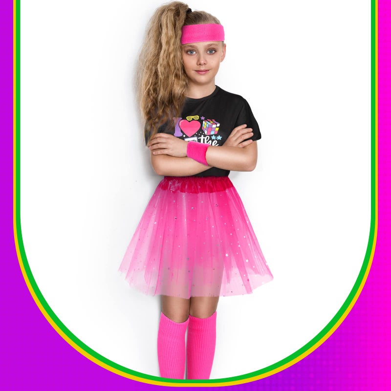 Sintege 80s Leg Warmer for Kid Girl Neon Leg Warmer Headband Wristband 1980s Fancy Accessory for Cosplay Party(Pink, Rose Red) - Image 4