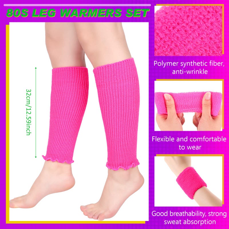 Sintege 80s Leg Warmer for Kid Girl Neon Leg Warmer Headband Wristband 1980s Fancy Accessory for Cosplay Party(Pink, Rose Red) - Image 3