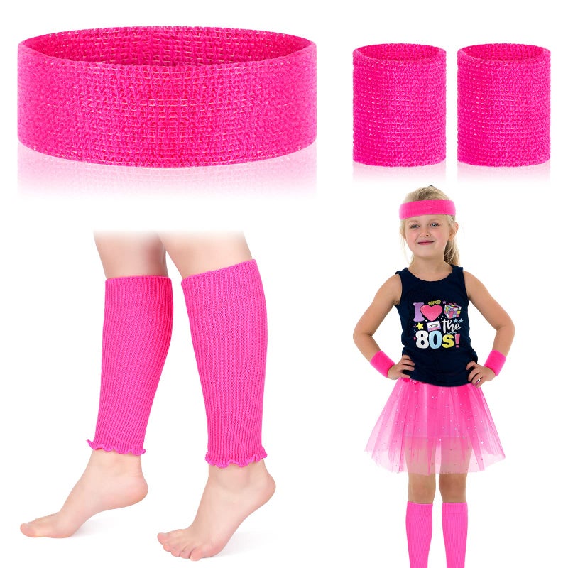 Sintege 80s Leg Warmer for Kid Girl Neon Leg Warmer Headband Wristband 1980s Fancy Accessory for Cosplay Party(Pink, Rose Red) - Image 1
