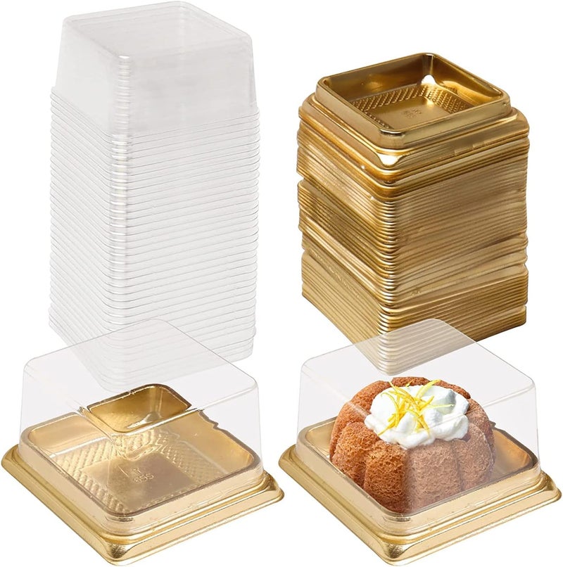 ELECDON Cupcake and Mini Mooncake Boxes - 50 Pack Individual Cake Containers, Transparent Plastic for Cookies, Muffins - Baby Shower, Wedding, Birthday Party Supplies (Gold Base) - Image 1