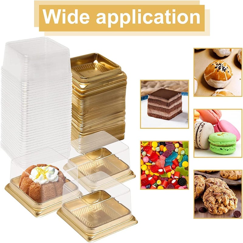 ELECDON Cupcake and Mini Mooncake Boxes - 50 Pack Individual Cake Containers, Transparent Plastic for Cookies, Muffins - Baby Shower, Wedding, Birthday Party Supplies (Gold Base) - Image 2