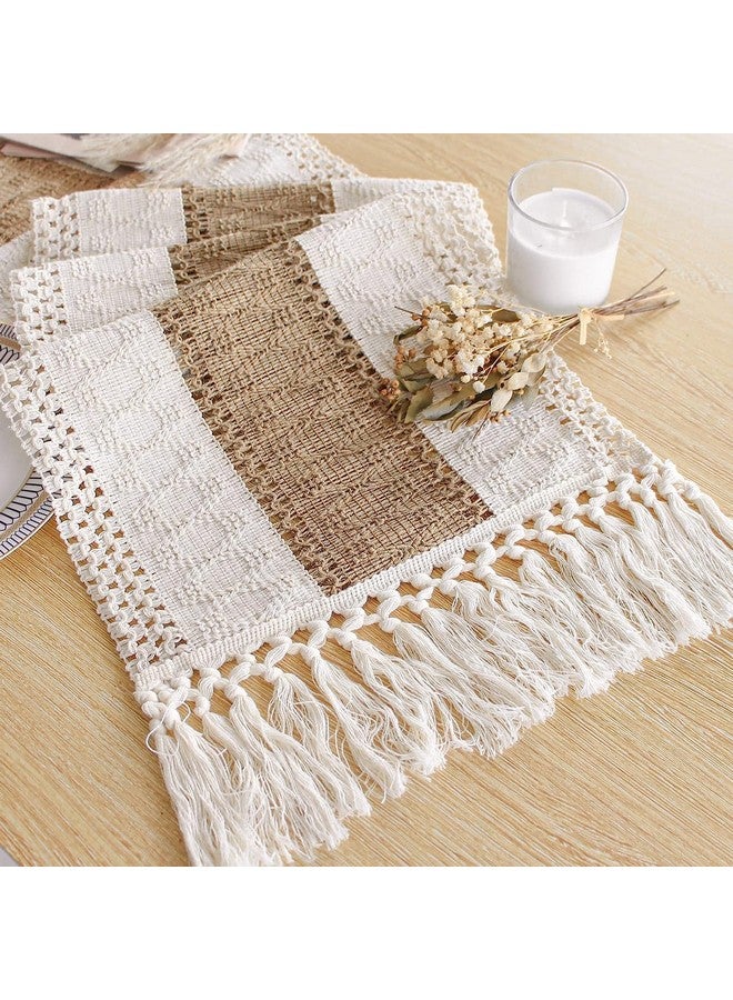 FEXIA Boho Table Runner with Tassels 36 Inches Long Farmhouse Rustic Cream & Brown Macrame Table Runner for Boho Dining & Bedroom Decor (12x36 Inches) - Image 1