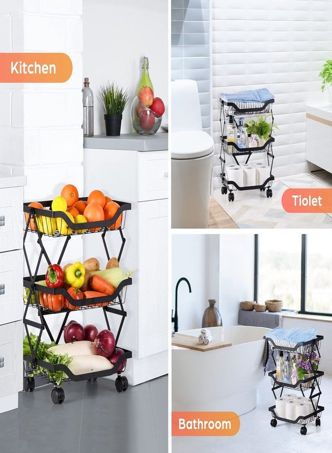 CBEX Rolling Storage Utility Cart with Wheels 3 Tier Movable Foldable Rack Basket Household Fruit Basket Stackable Metal Basket for Kitchen Pantry Bathroom Hall - Image 3