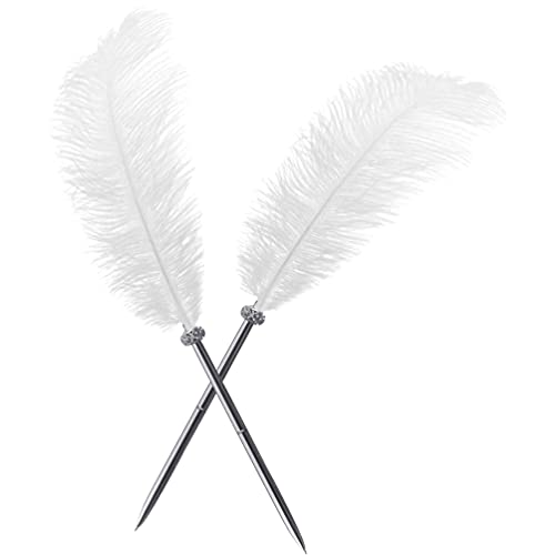 Simple Polymer 2 Pcs Feather Pen - Black Ink Ballpoint Pen Vintage Feather Quill Signing Pen for Student School Writing or Wedding Signature (White) - Image 1