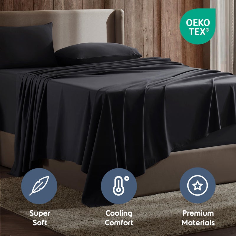 Nestl مجموعة أوراق Nestl King Size - 4 قطع King Sheets Deep Pocket Hotel Luxury Extra Tove Breatable and Boading Black King Sheets - Image 5