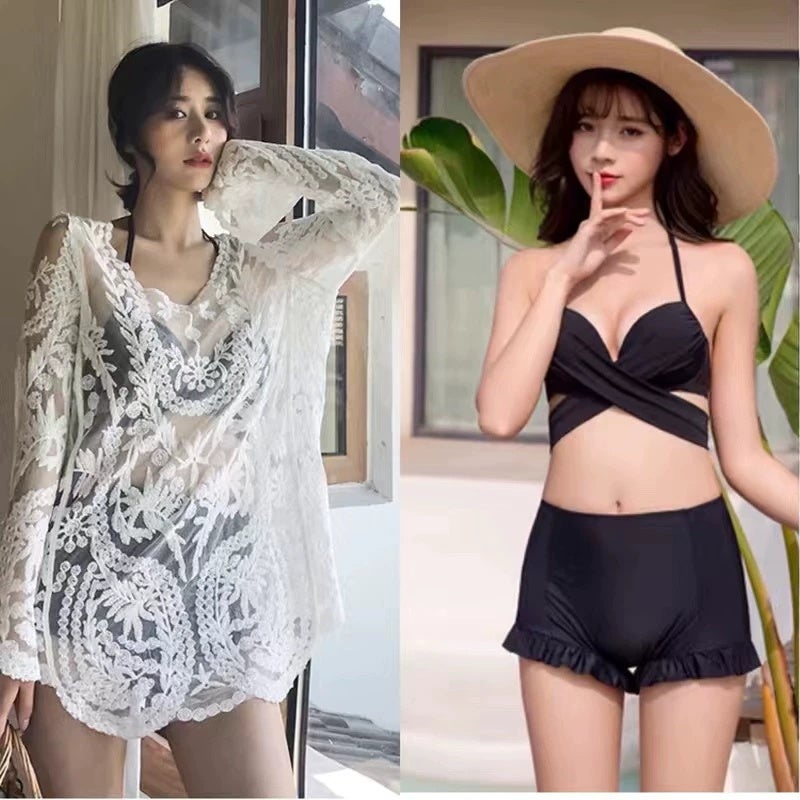 Three-piece bikini beach hot spring vacation slimming gathering split swimsuit women's new style can go into the water with a shirt - Image 5
