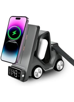 Forklift 5 in 1 Wireless Charger with Night Light, Digital Clock & Type-C Input, Fast Charging For Apple Watch/AirBuds Pro/iPhone - Black