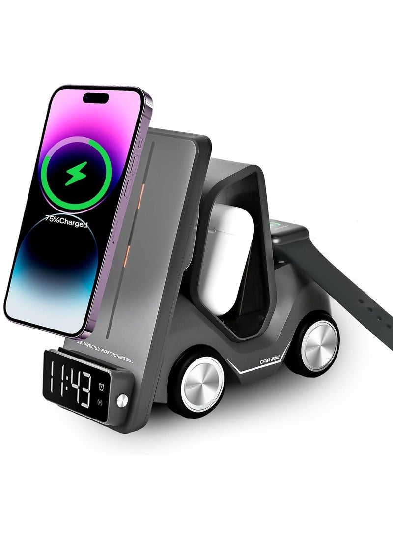 Mars - Forklift 5 in 1 Wireless Charger with Night Light, Digital Clock & Type-C Input, Fast Charging For Apple Watch/AirBuds Pro/iPhone - Black - Image 1
