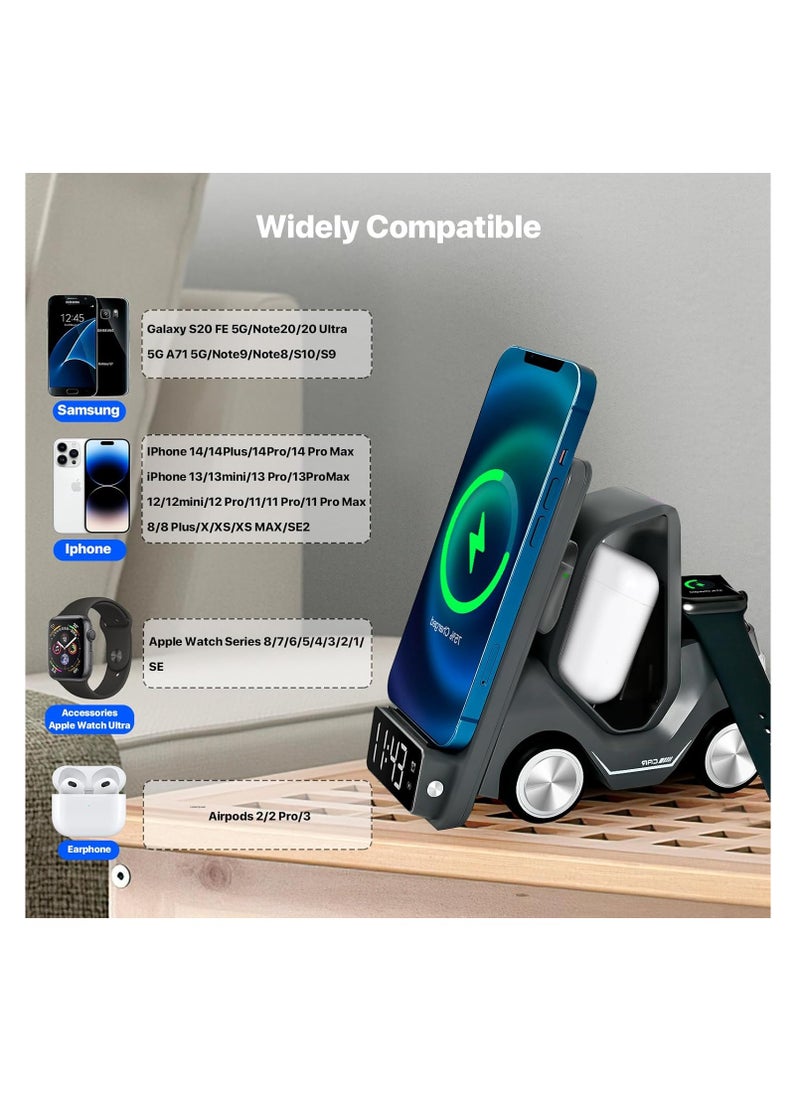 Mars - Forklift 5 in 1 Wireless Charger with Night Light, Digital Clock & Type-C Input, Fast Charging For Apple Watch/AirBuds Pro/iPhone - Black - Image 1