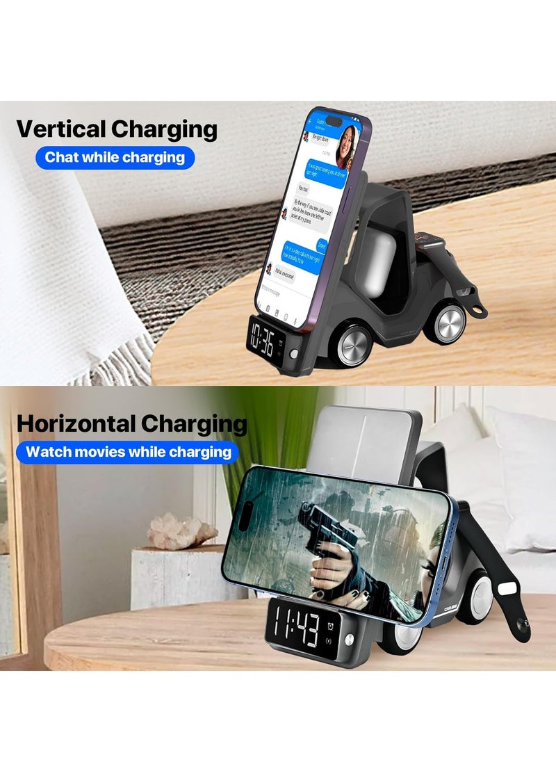 Mars - Forklift 5 in 1 Wireless Charger with Night Light, Digital Clock & Type-C Input, Fast Charging For Apple Watch/AirBuds Pro/iPhone - Black - Image 1