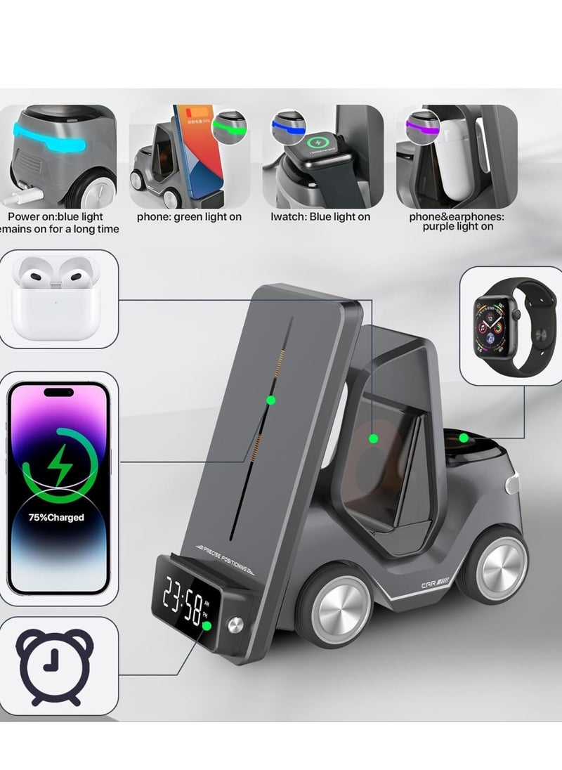Mars - Forklift 5 in 1 Wireless Charger with Night Light, Digital Clock & Type-C Input, Fast Charging For Apple Watch/AirBuds Pro/iPhone - Black - Image 1
