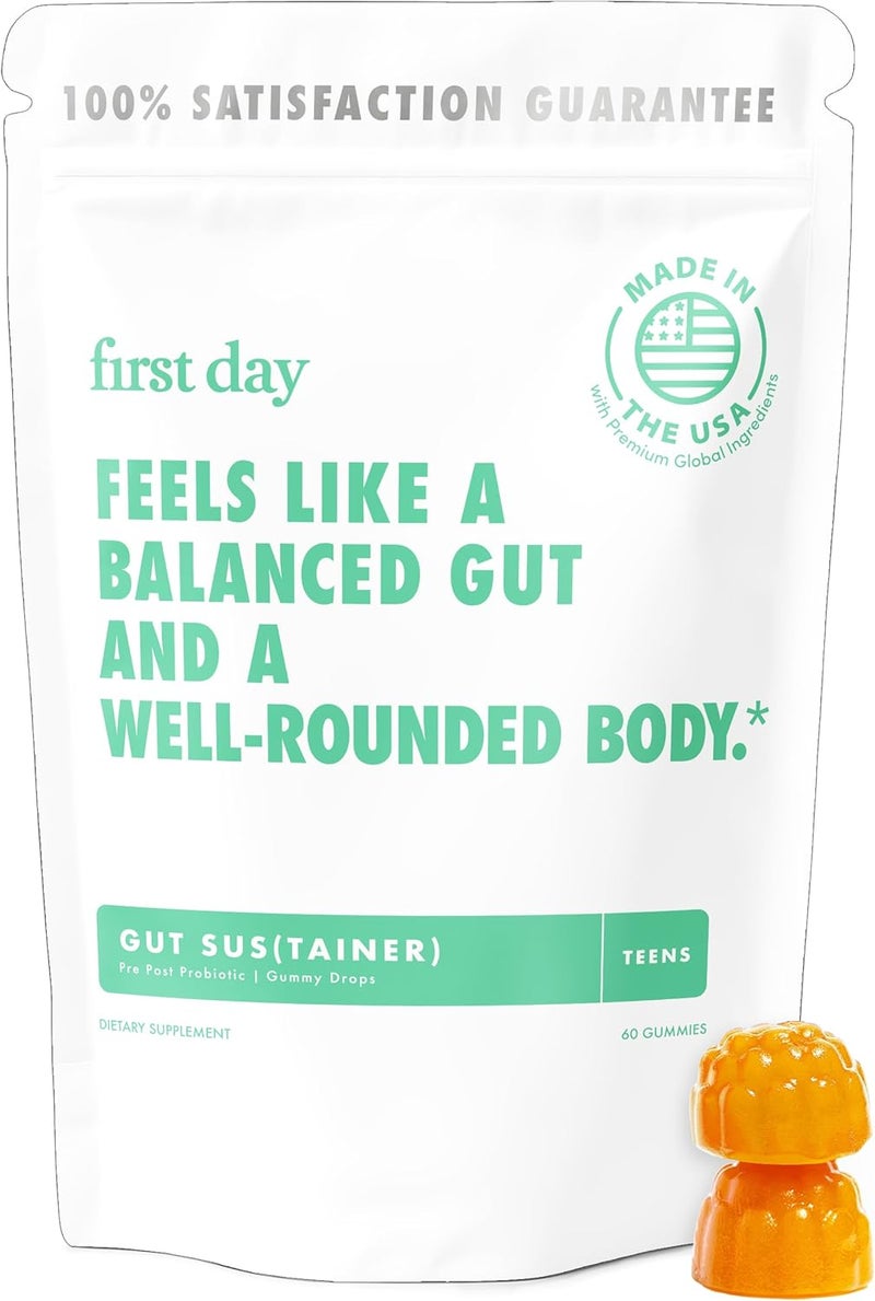 FIRST DAY Teens Gut Sustainer Tribiotic Gummies  3in1 Prebiotic Probiotic  Postbiotic Supplement  Supports Digestive Skin Oral  Immune Health Nutrient Absorption  Growth  30Day Supply - Image 1