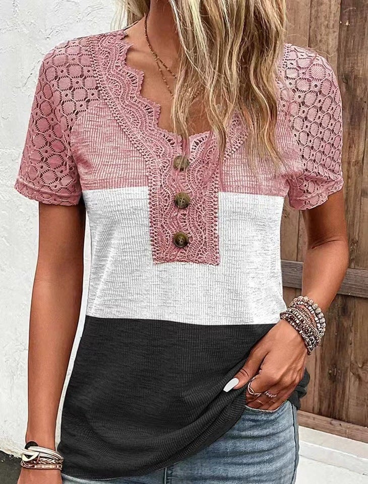 spring new comfortable casual lace stitching V-neck top short sleeve t-shirt