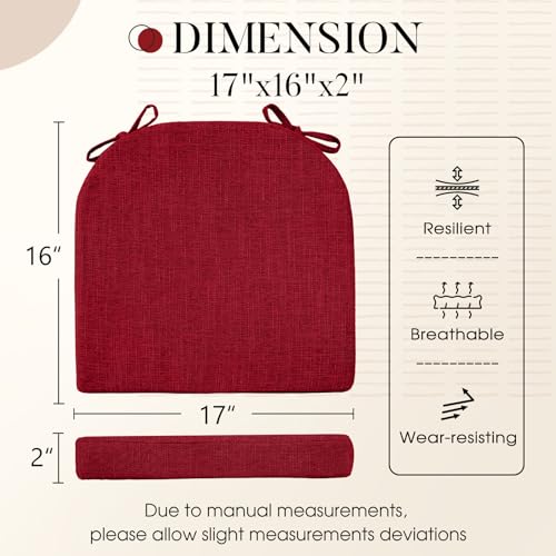 Basic Beyond Chair Cushions for Dining Chairs with Ties and Removable Cover, 2" Thick Seat Cushions for Kitchen Chairs, Set of 6, 17" x 16", Red - Image 2