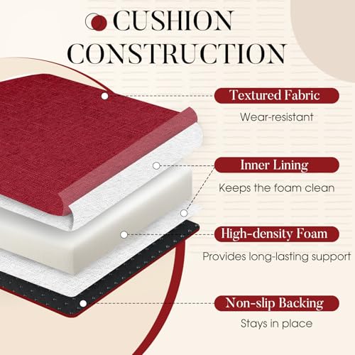 Basic Beyond Chair Cushions for Dining Chairs with Ties and Removable Cover, 2" Thick Seat Cushions for Kitchen Chairs, Set of 6, 17" x 16", Red - Image 3