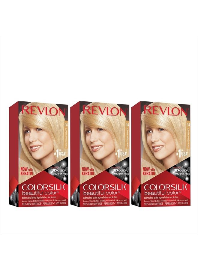Revlon Permanent Hair Color by Revlon, Permanent Hair Dye, Colorsilk with 100% Gray Coverage, Ammonia-Free, Keratin and Amino Acids, 04 Ultra Light Natural Blonde, 4.4 Oz (Pack of 3) - Image 1