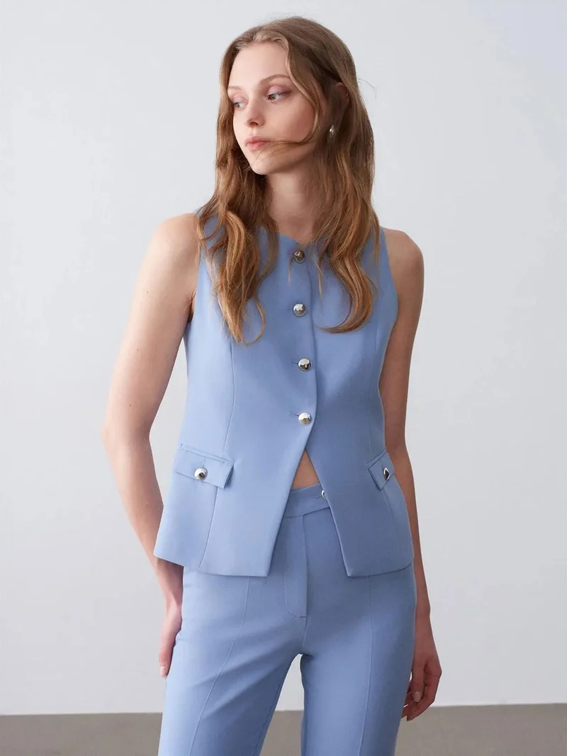 Dilvin DILVIN Women's Crepe Woven Button Waistcoat