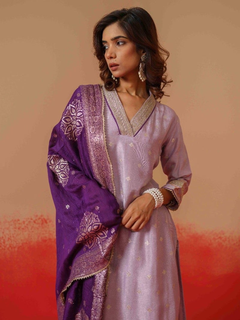 Kaari Women's Embroidered Kurti Set with Dupatta | Ethnic Suits with Embellished Dupatta | Everyday and Festive Kurti Set for Women|Lavendar|XL - Image 3