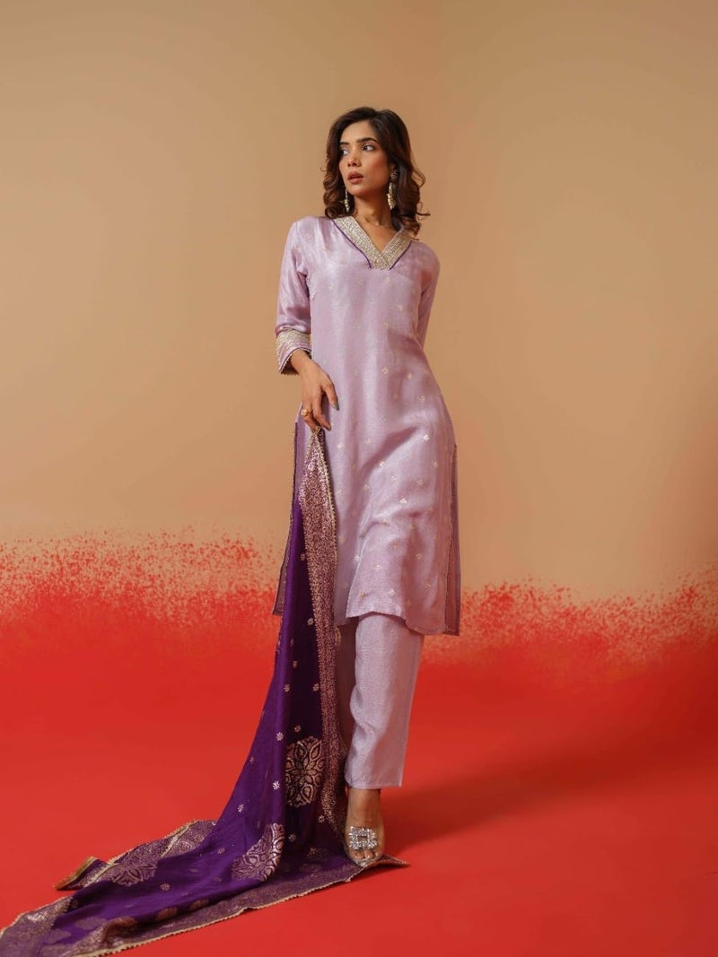 Kaari Women's Embroidered Kurti Set with Dupatta | Ethnic Suits with Embellished Dupatta | Everyday and Festive Kurti Set for Women|Lavendar|XL - Image 2