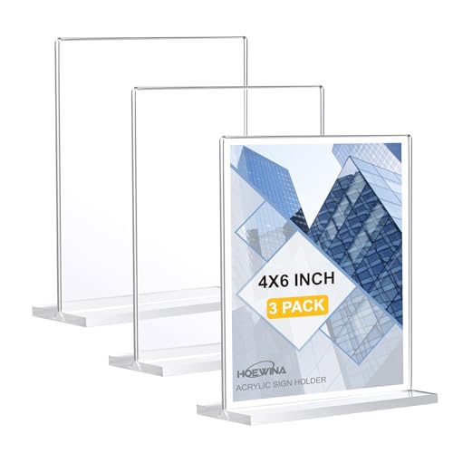 Hoewina Acrylic Sign Stand 4 x 6 Inch 3 Pack - Clear Display Stands for Store & Vendor Booth - Vertical Double-Sided, Flyer & Plastic Paper Holder - Image 1