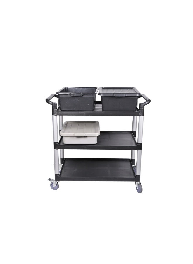Restaurantware RW Clean 31.9 x 17.1 x 35.8 Inch Utility Cart, 1 Rolling Cleaning Cart - Small, 3 Shelves, Black Plastic Rolling Cart, Heavy-Duty, For Organization Or Storage  - Image 1