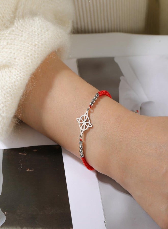 EUEAVAN Witch Knot Celtic Knot Bracelet - Handmade Braided Rope Lucky Red String Bracelet - Adjustable Beaded Couple Triquetra Wiccan Amulet Jewelry (silver-red) - Image 2