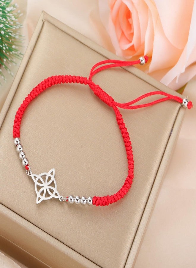 EUEAVAN Witch Knot Celtic Knot Bracelet - Handmade Braided Rope Lucky Red String Bracelet - Adjustable Beaded Couple Triquetra Wiccan Amulet Jewelry (silver-red) - Image 4