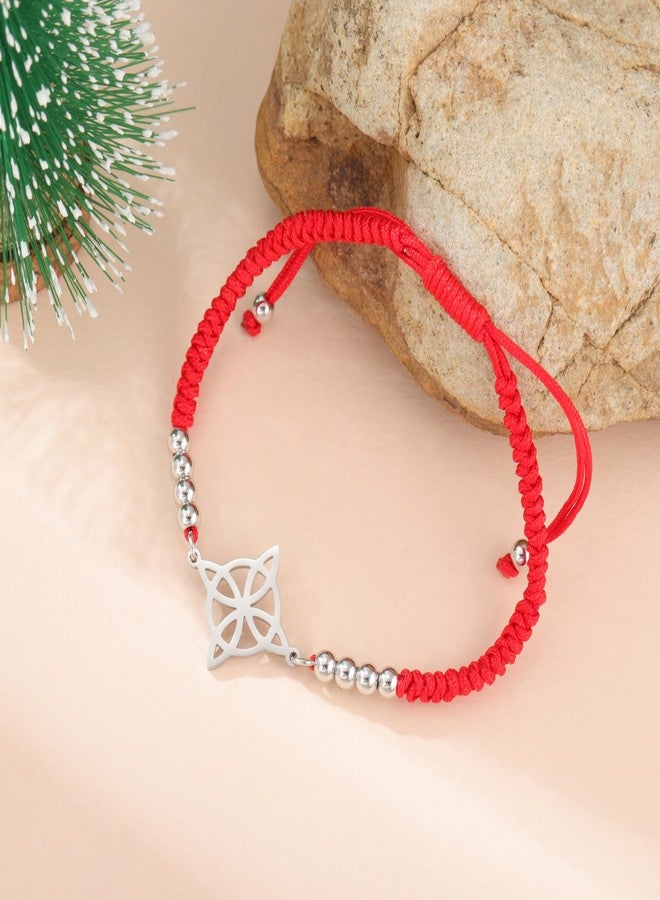 EUEAVAN Witch Knot Celtic Knot Bracelet - Handmade Braided Rope Lucky Red String Bracelet - Adjustable Beaded Couple Triquetra Wiccan Amulet Jewelry (silver-red) - Image 3