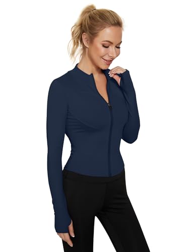 LUYAA Long Sleeve Workout Shirts Women Quick Dry Seamless Compression Crop Tops Full Zip Pullover Running Gym Clothes Navy Blue XS - Image 3