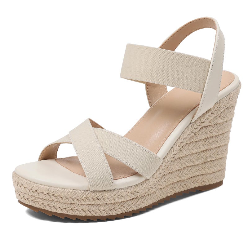 mikarka Women's Open Toe Espadrilles Wedge Sandal Slip On Elastic Ankle Strap Platform Sandals Dressy Comfortable Wedges Shoe Nude Size 8 - Image 1