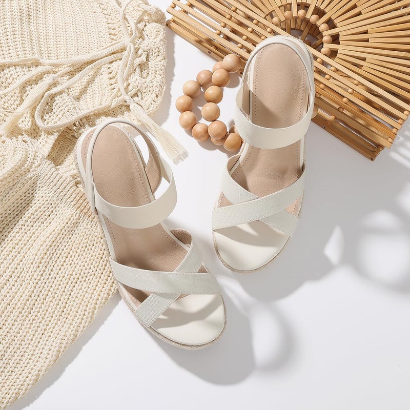 mikarka Women's Open Toe Espadrilles Wedge Sandal Slip On Elastic Ankle Strap Platform Sandals Dressy Comfortable Wedges Shoe Nude Size 8 - Image 5