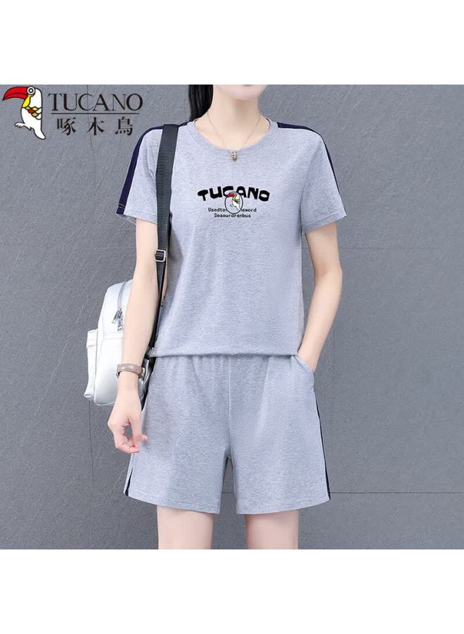 Wood Pure Cotton Women's Sports Set Shorts New Stylish Running Middle-aged Plus Size Two-piece Summer Khaki M