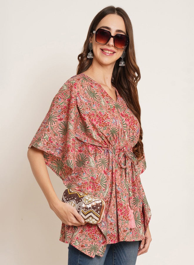 COTLAND FASHION Floral Print V-Neck Kimono Sleeve Cotton Kaftan Top - Image 3
